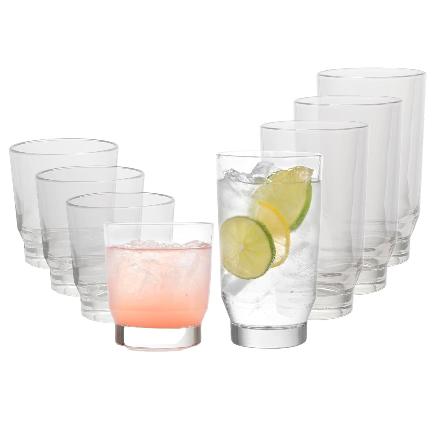 Libbey Merida Mixed Drinkware Set of 8, Merida Cooler Glass Tumblers and Double Old Fashioned Rocks Glass Set, Dishwasher Safe Glassware Drinking Glasses Set