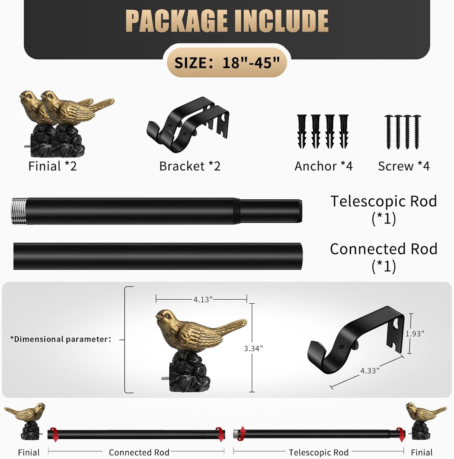 Vintage Black Curtain Rod - Adjustable 18 to 45 Inches | Heavy-Duty Drapery Rod with Gold Bird Finials