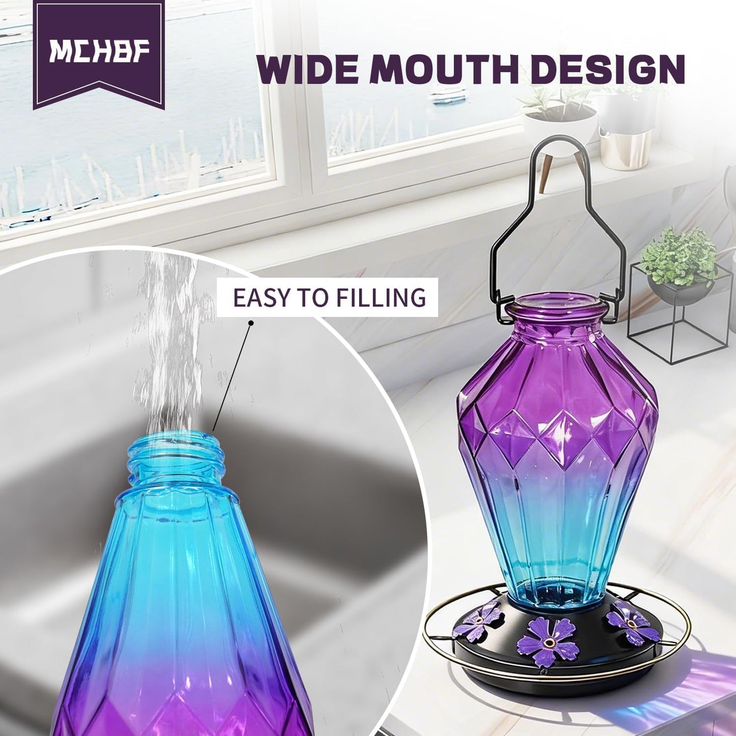 Skiennix Glass Hummingbird Feeder - 25Oz Leak-Proof Nectar Feeder with 5 Flower Ports | Diamond Purple