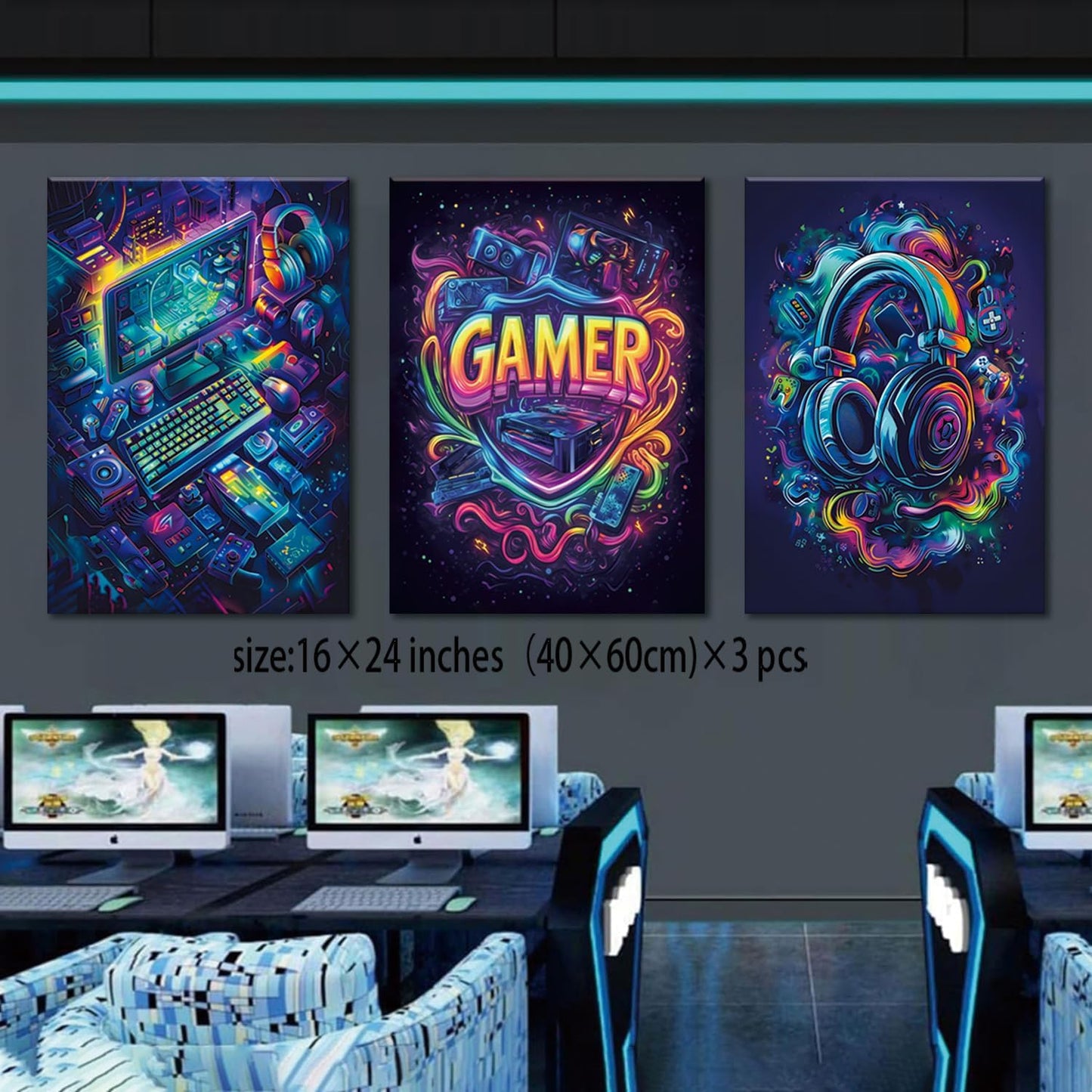 Yolbcdr Gaming Wall Art Set - Cool Canvas Prints for Game Room Decor | Framed 16x24in Posters