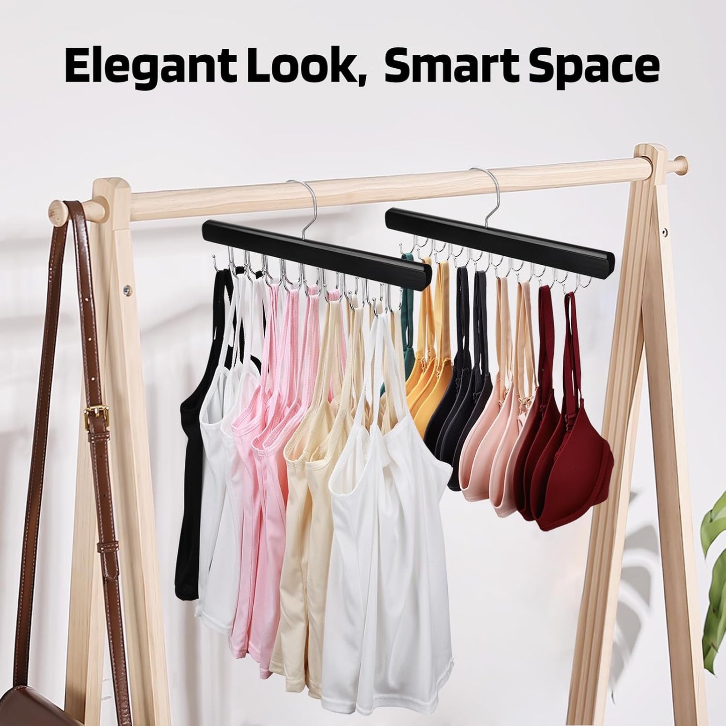 NECAMOCU Bra Hanger - Premium Wooden Closet Organizer with 36 Foldable Hooks | Space-Saving Design in Black