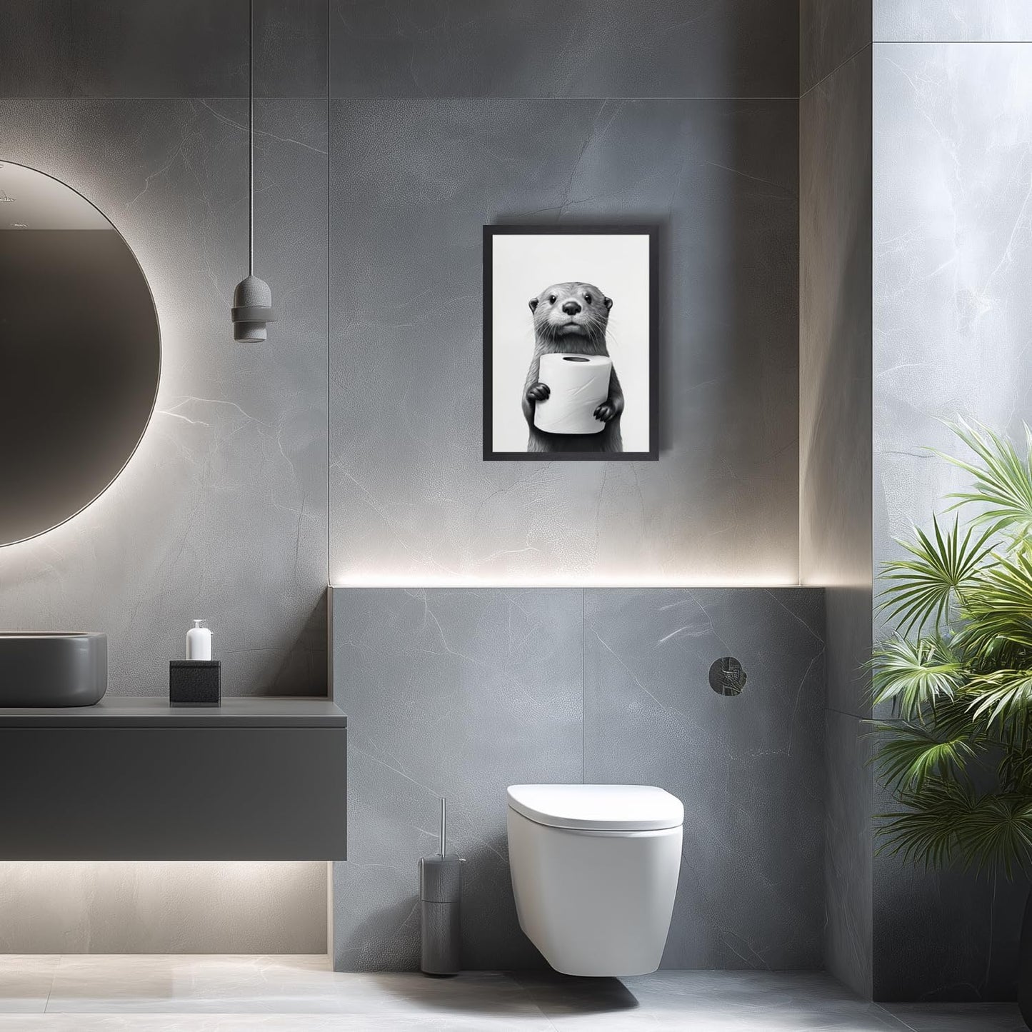 LLEEMPI Otter Toilet Paper Wall Art - Modern Minimalist Black & White Canvas Print | 12x16 Inch Framed Decor