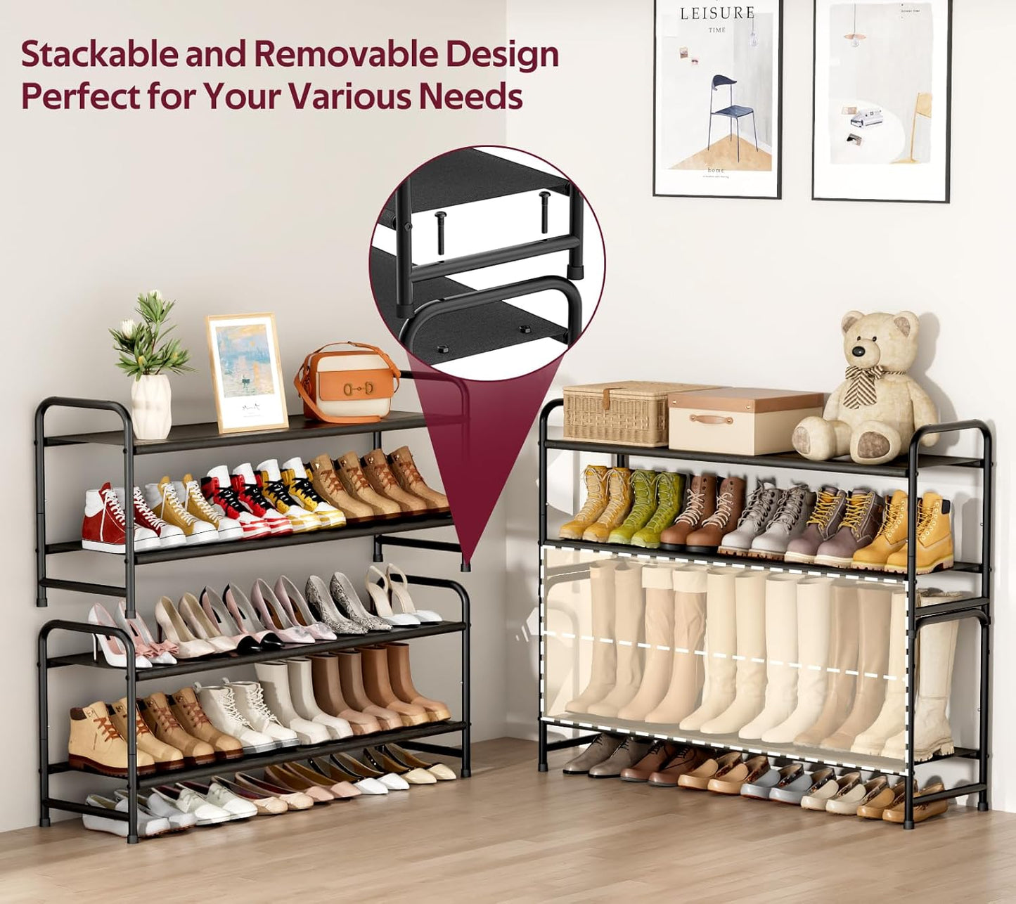 Sleeping Lamb Long 2-Tier Shoe Organizer - Stackable Rack Holds 18 Pairs | Black Storage Solution for Closet & Entryway