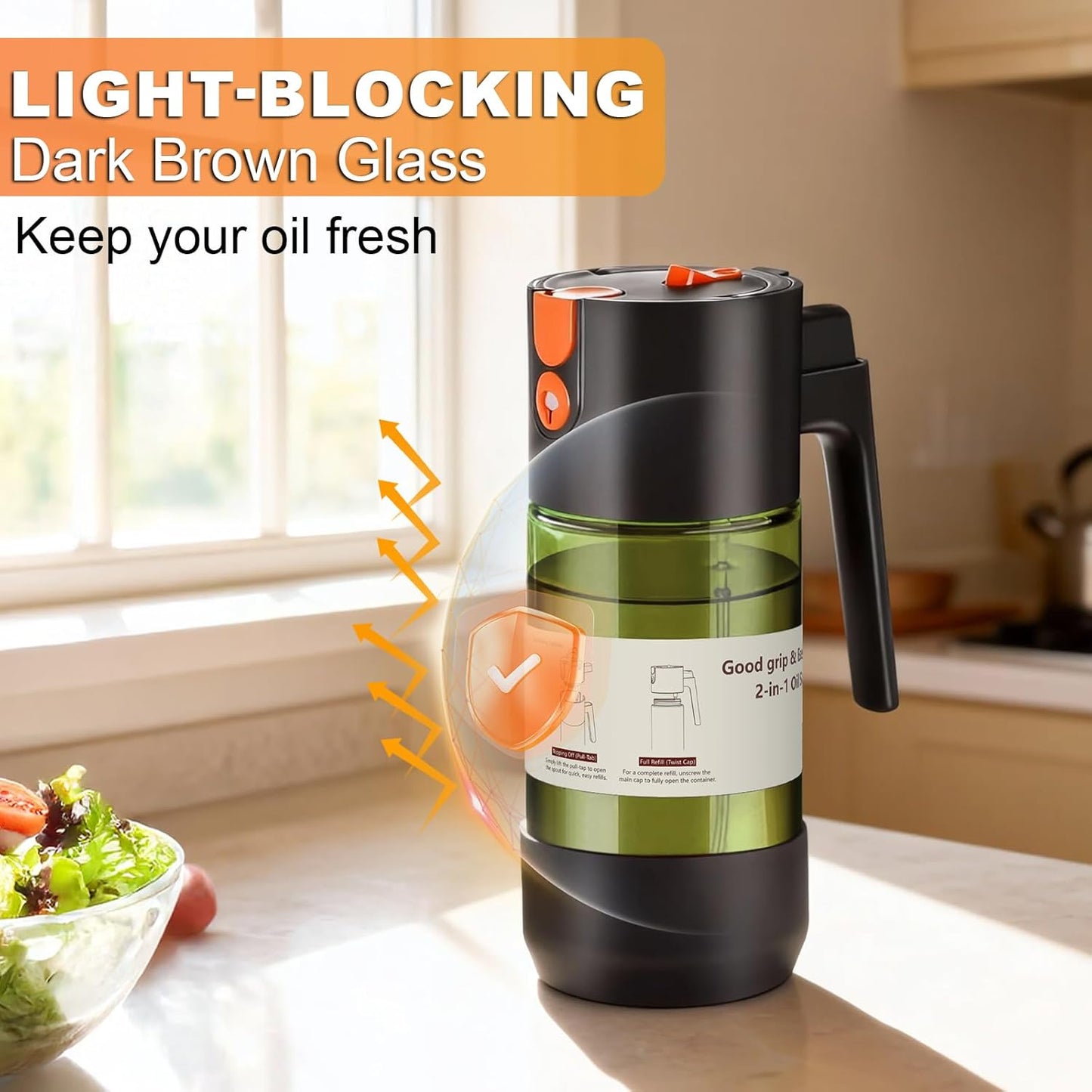 Skiennix 2-IN-1 Oil Sprayer - Light-Blocking Dark Glass Olive Oil Dispenser, 500ml for Cooking & BBQ | 2-Pack