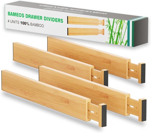 BAMEOS Bamboo Drawer Dividers - Versatile Kitchen & Home Organization | 4-Pack Set