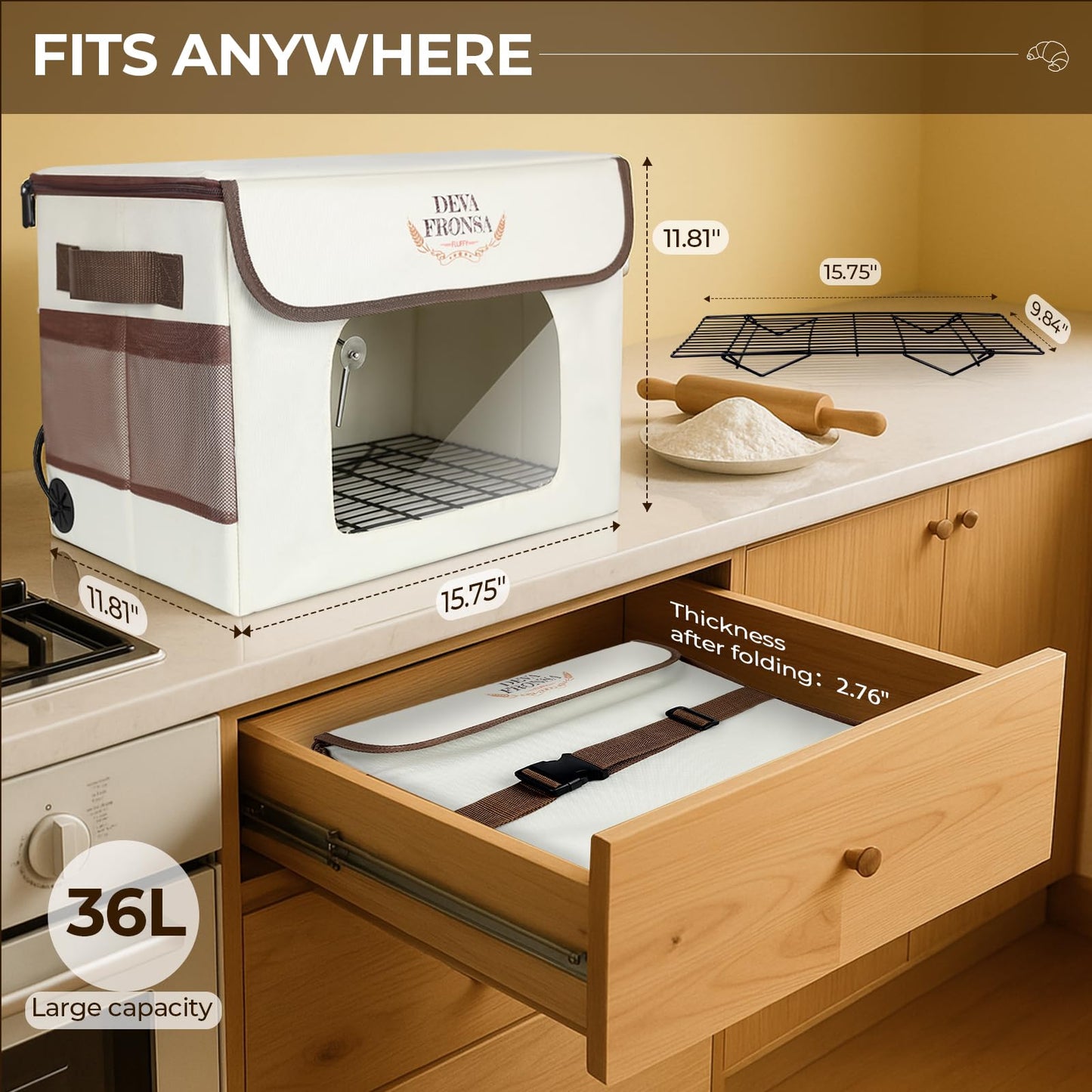 DEVA Fronsa Foldable Bread Proofing Box‌ - 36L Large Dough Proofer with 3-Sided Heating, 24H Timer+Temp Control(50-113℉) with Front Window & Metal Rack for Sourdough, Yogurt & Bread Baking