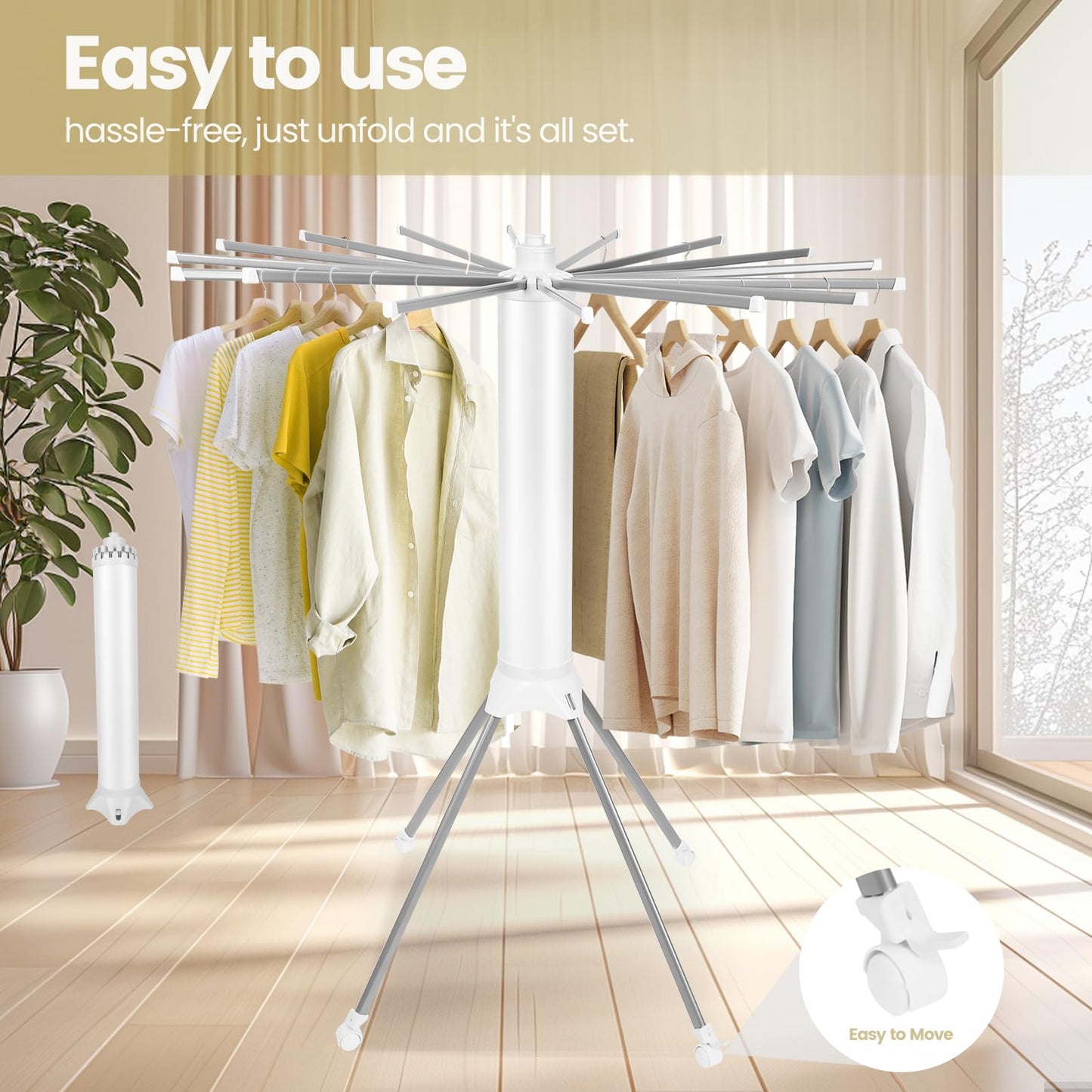 Pheluoca 4-Legged Clothes Drying Rack Foldable Drying Rack Clothing,Portable Laundry Drying Racks with 4 Pulleys & 16 Rack for Drying Clothes, Indoor, Balcony,Poolside,Camping,White