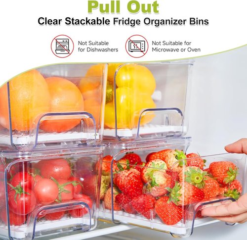 Clear Refrigerator Drawer Organizer Bins by [Brand Name] - 4-Pack Stackable Storage for Fruits, Vegetables & Snacks
