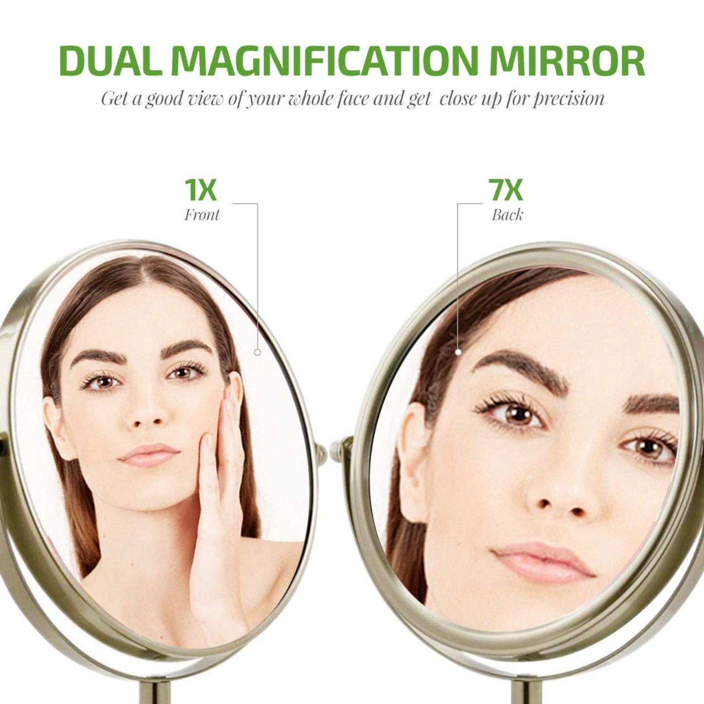 OVENTE 7'' Tabletop Makeup Mirror with 1X/7X Magnification, 360° Swivel Design and Double-Sided Free-Standing Vanity Mirror Perfect for Dresser, Bedroom and Office Desk, Nickel Brushed MNLCT70BR1X7X