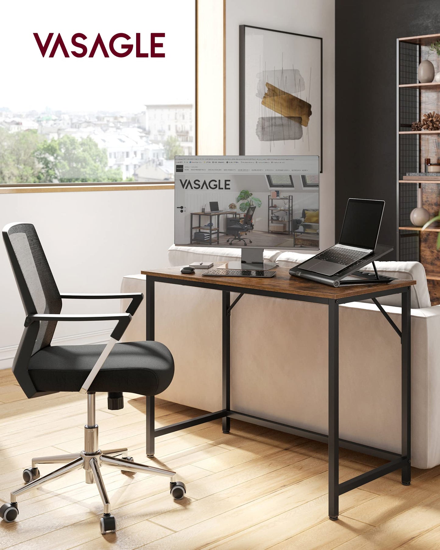 VASAGLE Computer Desk, Office Work Desk, 39.4 x 19.7 x 29.9 Inches, for Study, Bedroom, Home Office, Living Room, Rustic Brown and Ink Black ULWD41X