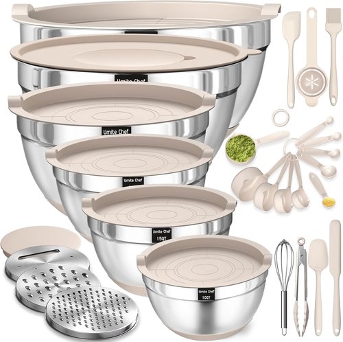 **Stainless Steel Mixing Bowls Set by [Brand Name] - 26PCS with Airtight Lids & Grater Attachments | Non-Slip Bottoms**