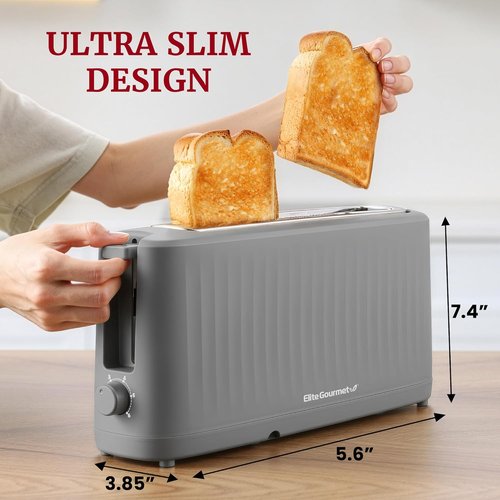 Elite Gourmet SLIMTOAST™ 2-Slice Long Slot Toaster - Cool-Touch Body & 6 Toast Settings | Extra Wide 1.5” Slot in Grey