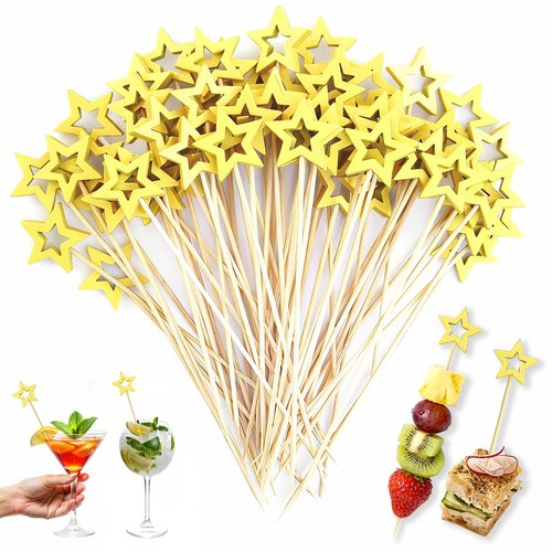100 Pcs Gold Star Cocktail Picks, 4.7" Elegant Bamboo Appetizer Skewers for Drink & Fruit Garnish, Premium Birthday Party Decoration Supplies