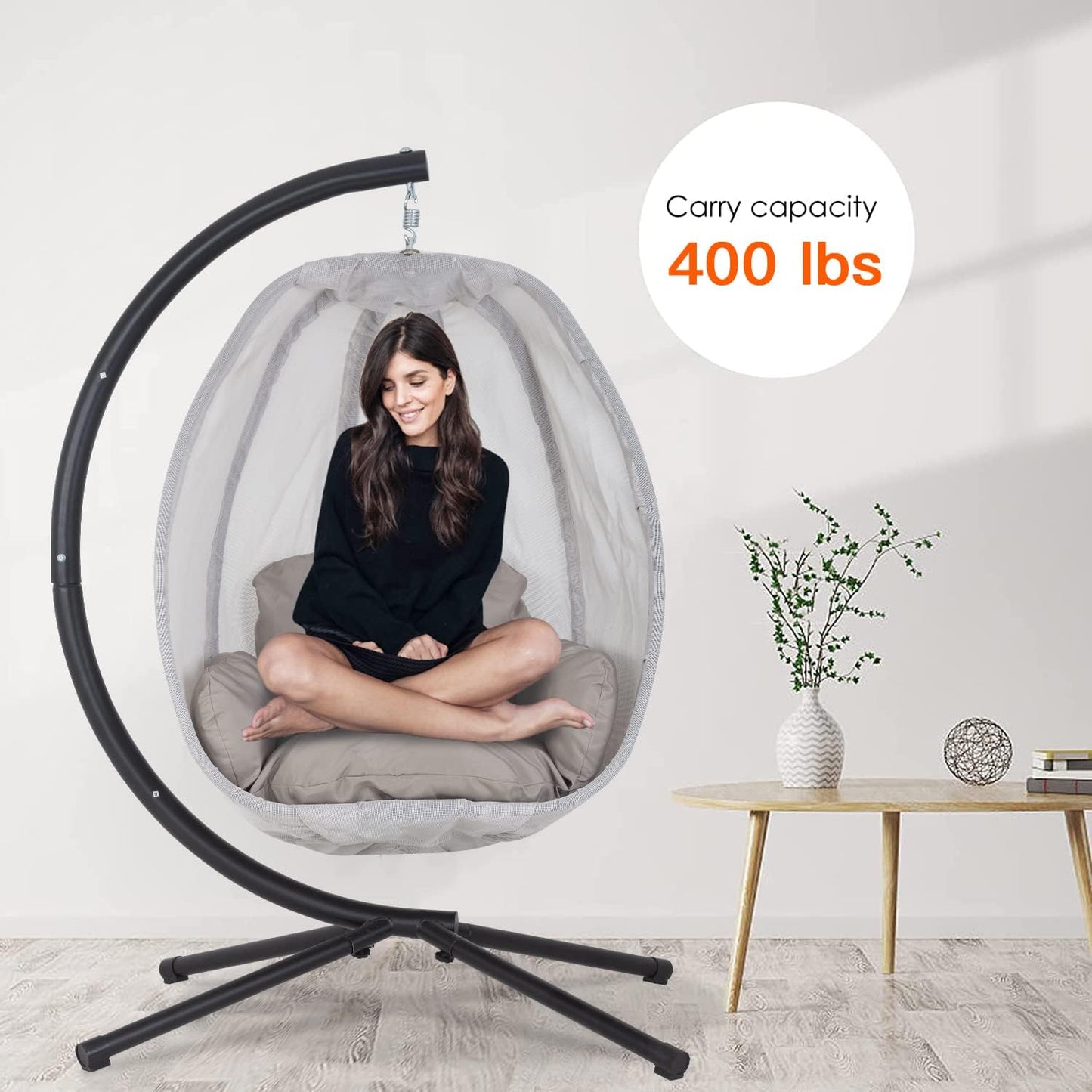 Skiennix Swing Egg Chair - Comfortable Hammock Chair with Metal Stand & Cushion - Gray, 400LBS Capacity