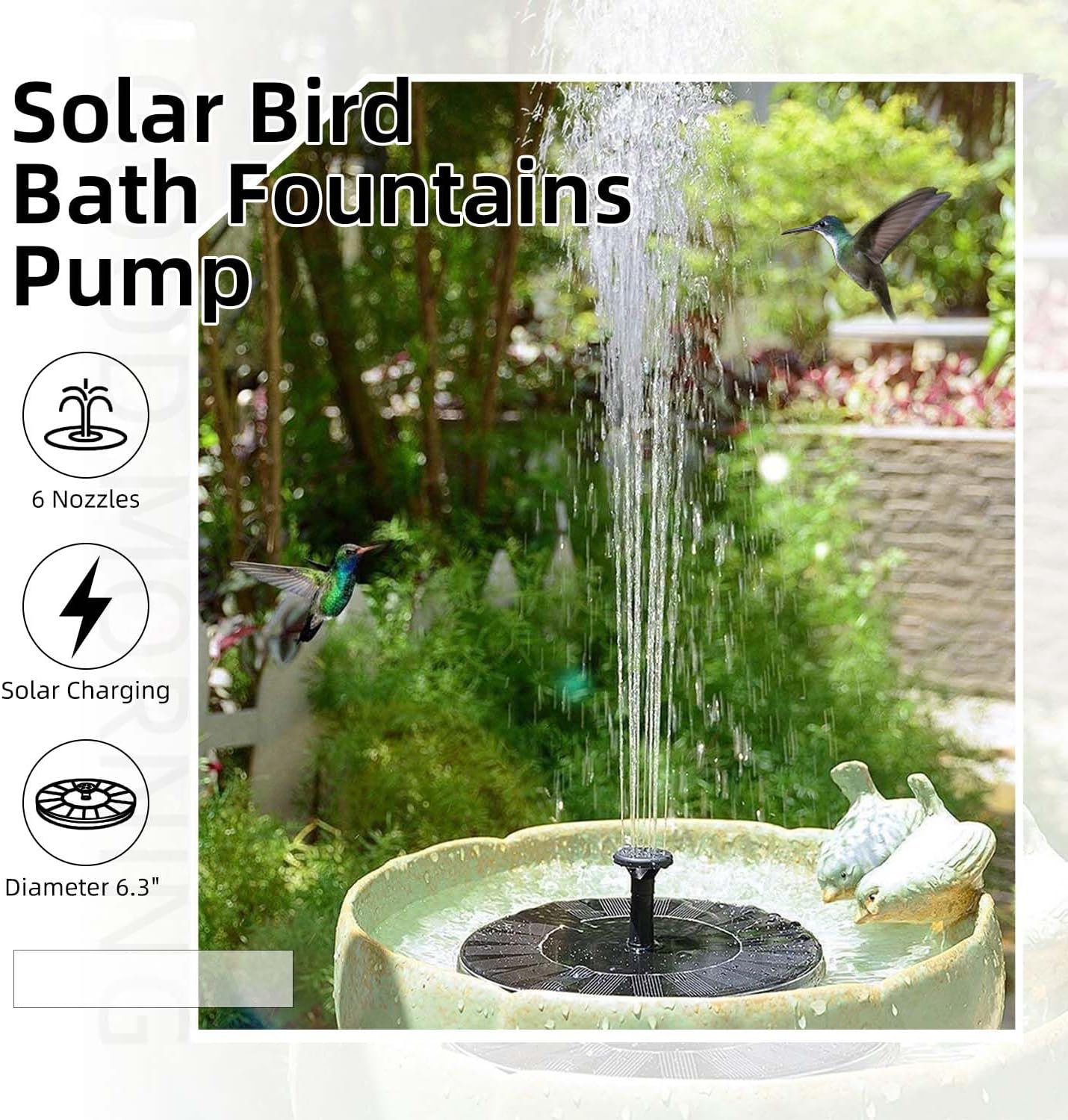 Skiennix Solar Fountain - Upgraded Solar Powered Water Pump with 6 Nozzles for Garden & Pond Decor