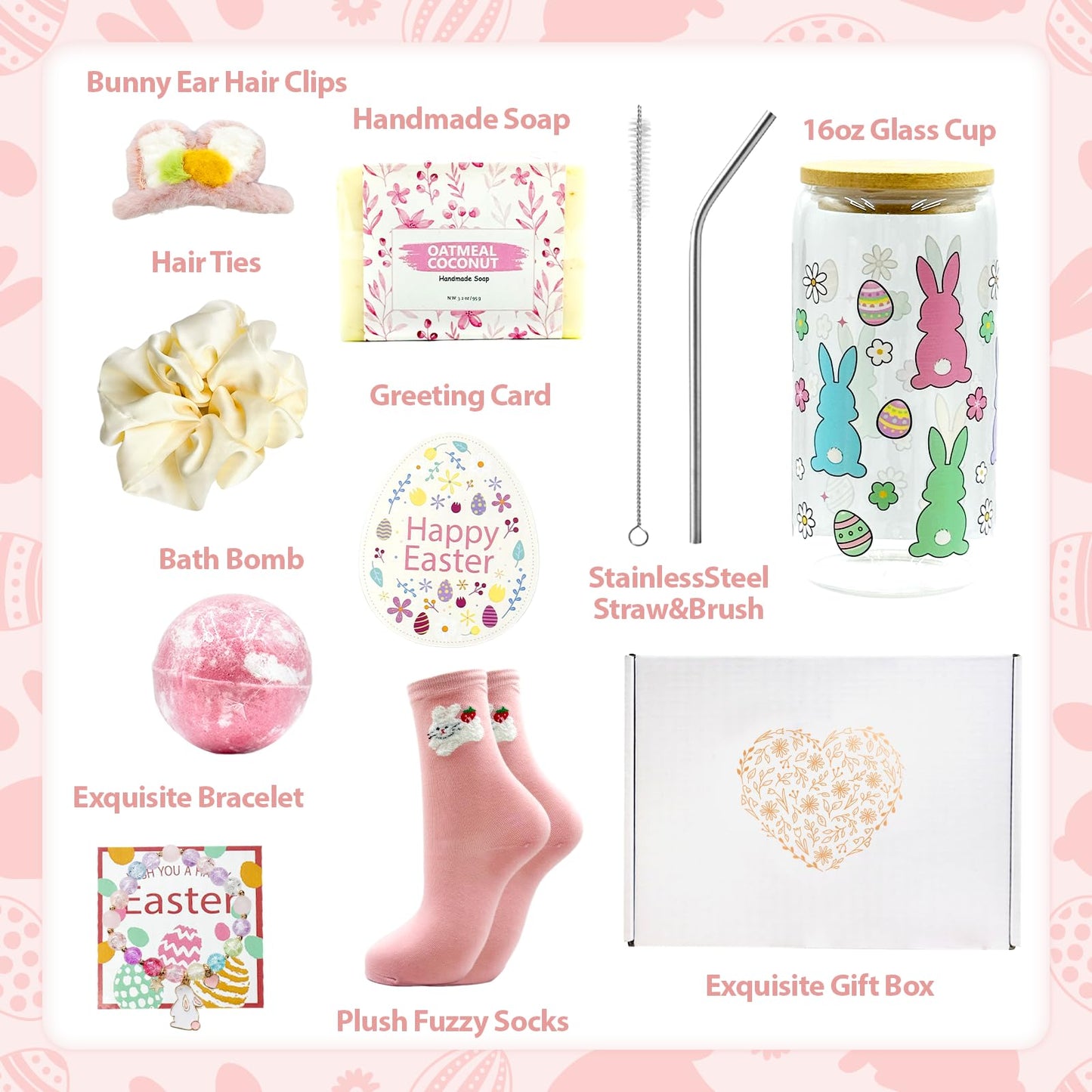 LUICONMO Easter Gifts for Teen Girls Women, Easter Baskets Stuffers for Teens Adults, Self Care Spa Gift Basket Spring Gifts Set Box with Bunny Theme Glass Cup - Brighten up Her Day!