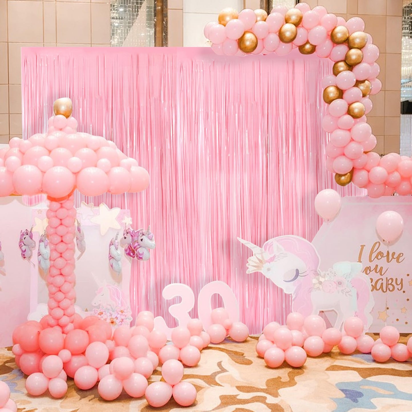 Pastel Pink Metallic Tinsel Foil Fringe Curtains, 2 Pack 3.3x8.3 Feet Tinsel Backdrop for Birthday Wedding Easter Christmas, Pink Fringe Backdrop Foil Curtain for Valentines Day Decorations