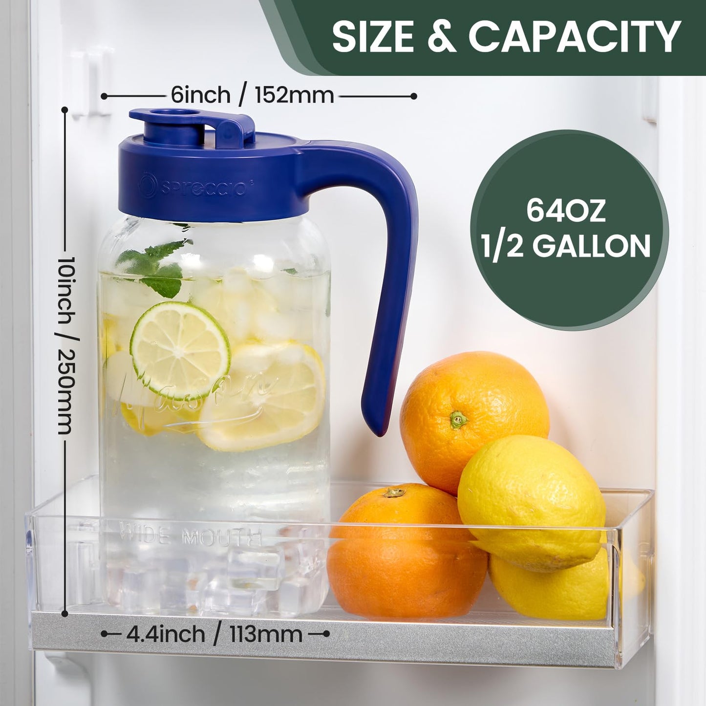 Spreccio Mason Jar Pitcher - Airtight & Leakproof Glass Pitcher with Lid[set of 2], Perfect for Breastmilk, Cold Brew, and Sun Tea, 2 Quart (64 oz) Mason Jar with Pour Spout Lid