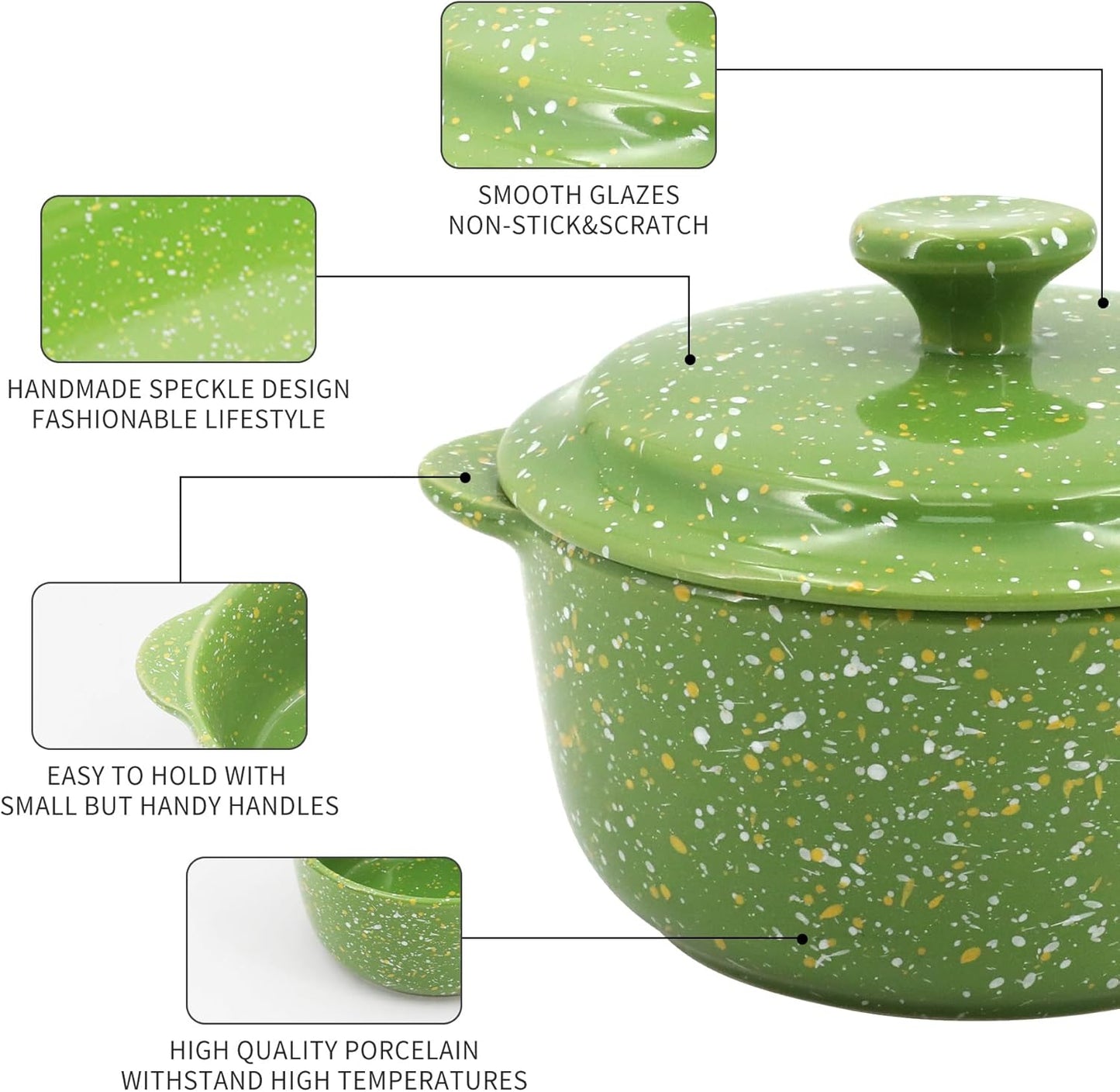 Skiennix Mini Ceramic Casserole Dishes - Oven-Safe 10 Oz Ramekins with Lids & Handles | Perfect for Soufflé, Soup, Cobbler, Green 4-Pack