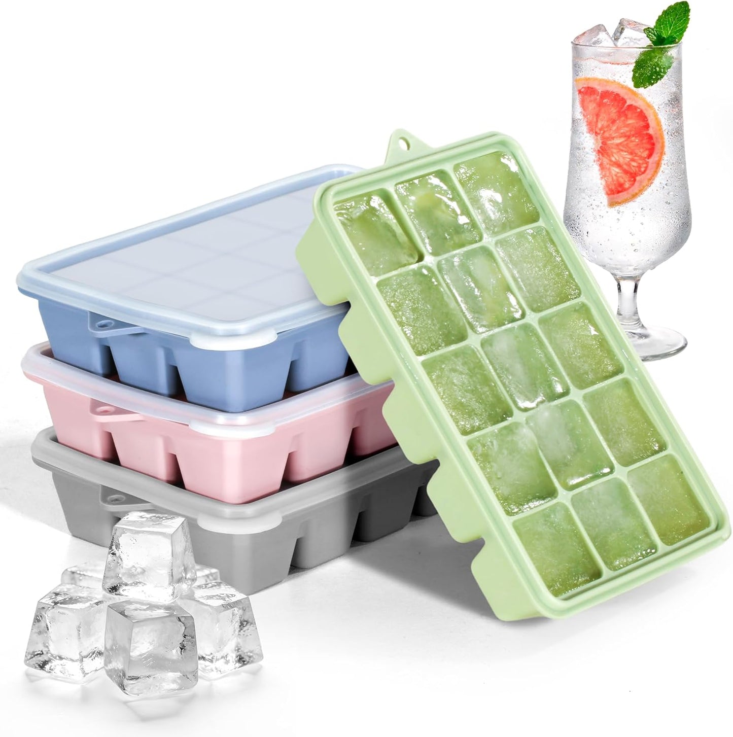 Skiennix Silicone Ice Cube Trays - Easy Release, Stackable & Reusable | 4 Pack with Lids for Cocktails & Whiskey