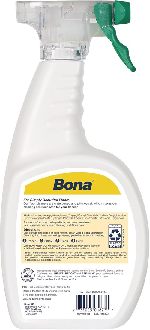 Bona Multi-Surface Floor Cleaner Spray - 32 Fl Oz - Lemon Mint Scent | Refillable & Residue-Free Solution for Stone, Tile, Laminate, Vinyl Floors