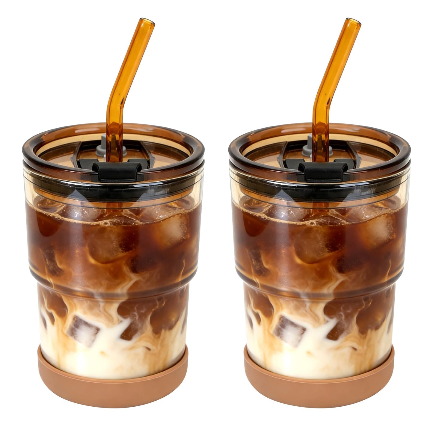 Zukro 13 oz Glass Iced Coffee Cups with Lid and Straw, Leak Proof Glass Tumbler for Ice Tea, Water, Non-Slip Silicone Bottom, Thick Wall Drinking Glasses for Home/Office, BPA Free, Amber 2 Pack
