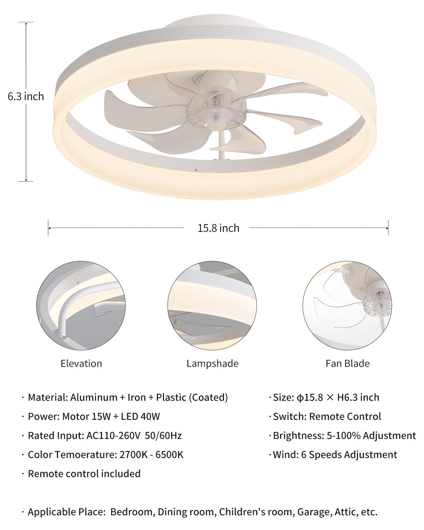 PUSU 15.8" Low Profile LED Ceiling Fans with Light, Reversible Flush Mount with Remote and 6 Winds Speeds Fan Lighting, 3 Colors Dimmable for Bedroom, Garage, Dinning Room, Kitchen (White)