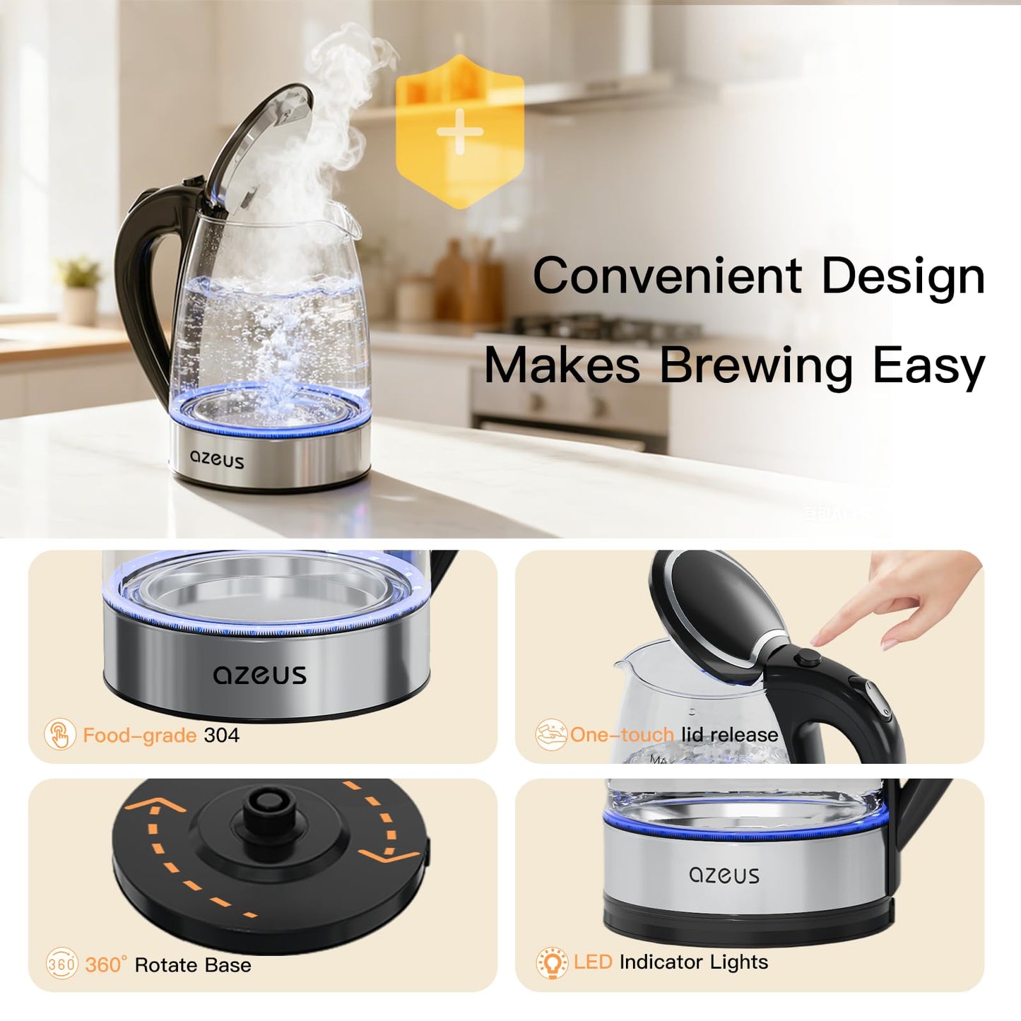 AZEUS Glass Electric Kettle - 1.8L Fast Boiling Auto-Shutoff & Anti-Dry Heat Safety Kettle for Home/Office, Borosilicate Glass with LED Indicator (white)