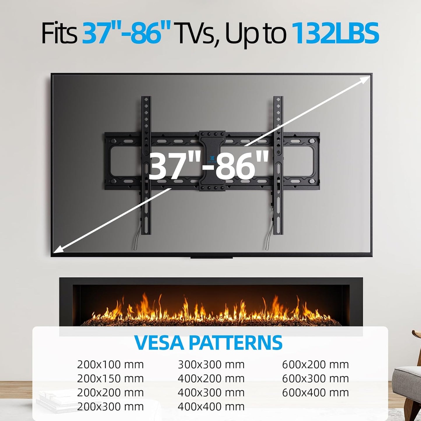 USX STAR Fixed TV Wall Mount - Low Profile Design for 37-86 Inch Screens | Supports Up to 132 lbs, VESA 600x400mm