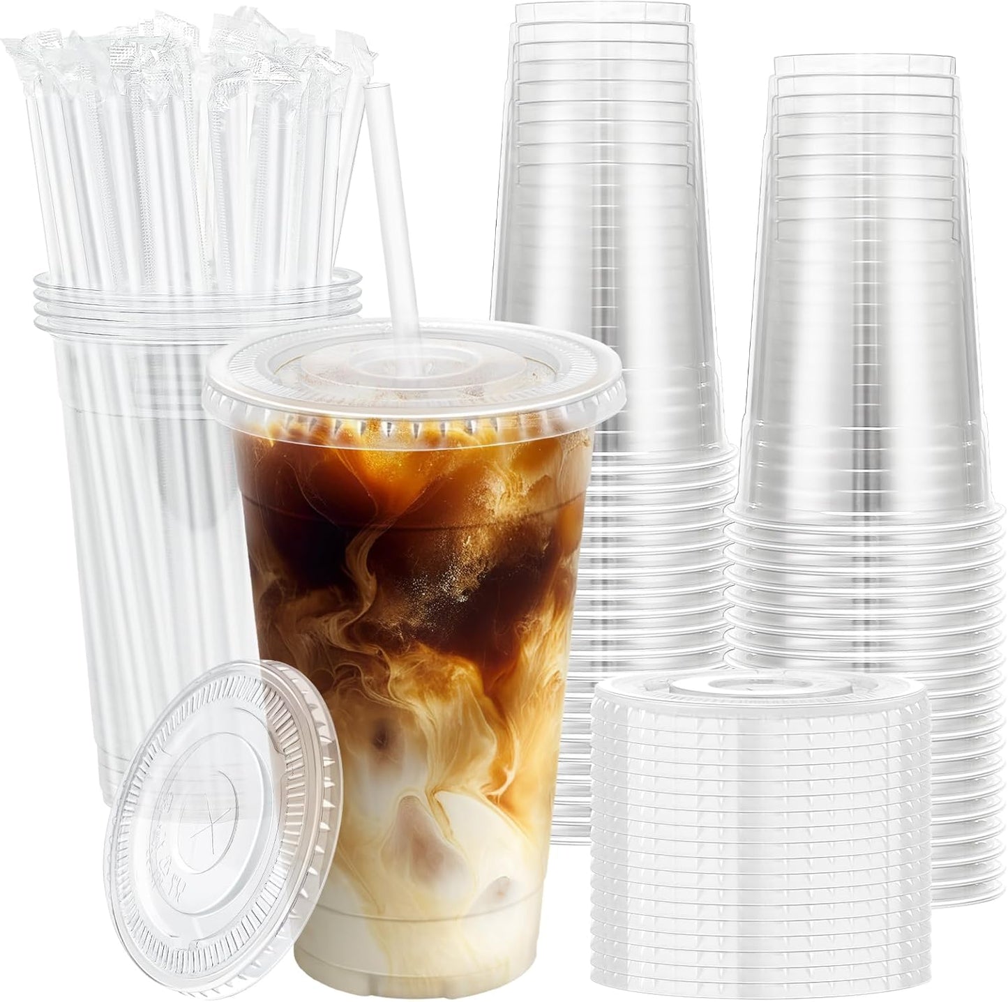 Lamosi 100 Pack 20 oz Clear Plastic Cups - Disposable Iced Coffee Cups with Lids & Straws for Cold Drinks