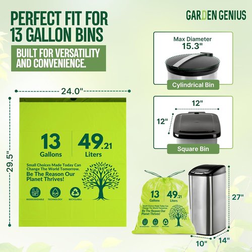Biodegradable 13-Gallon Kitchen Waste Bags - Strong, Heavy-Duty Drawstring Trash Bags | Eco-Friendly 50-Pack