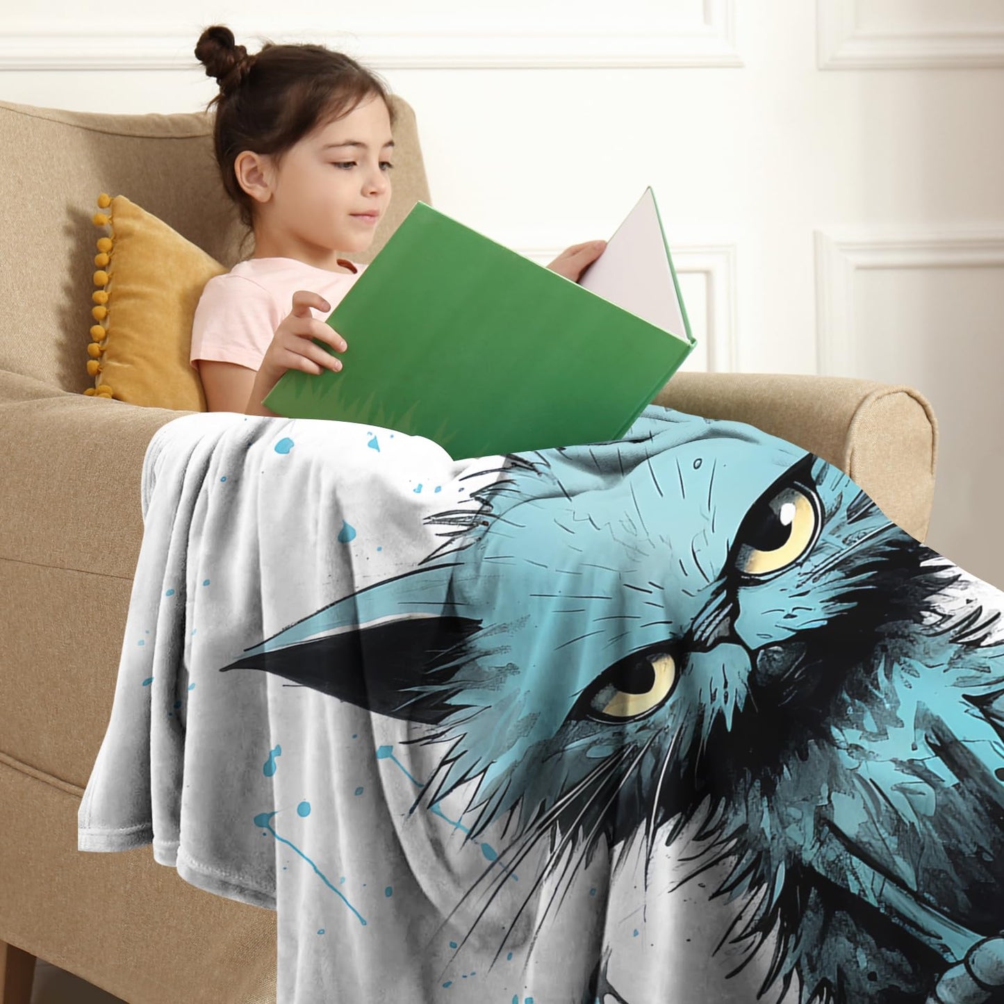 SARA NELL Cute Angry Cat Blue and White Splash Design Flannel Throw Blanket, Soft Plush Cat Gifts for Girls Boys, Kids Funny Animal Print Birthday Ideas, 40 in x 50 in