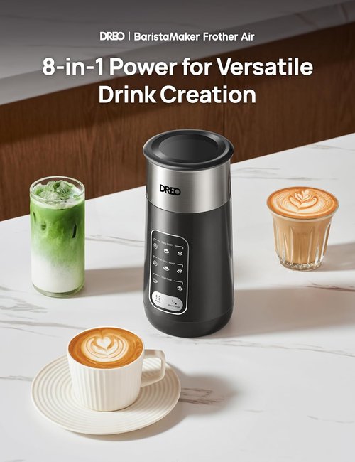 DREO Electric Milk Frother - 8-in-1 Stainless Steel for Latte Art & Microfoam | 9oz/270ml, Easy Clean
