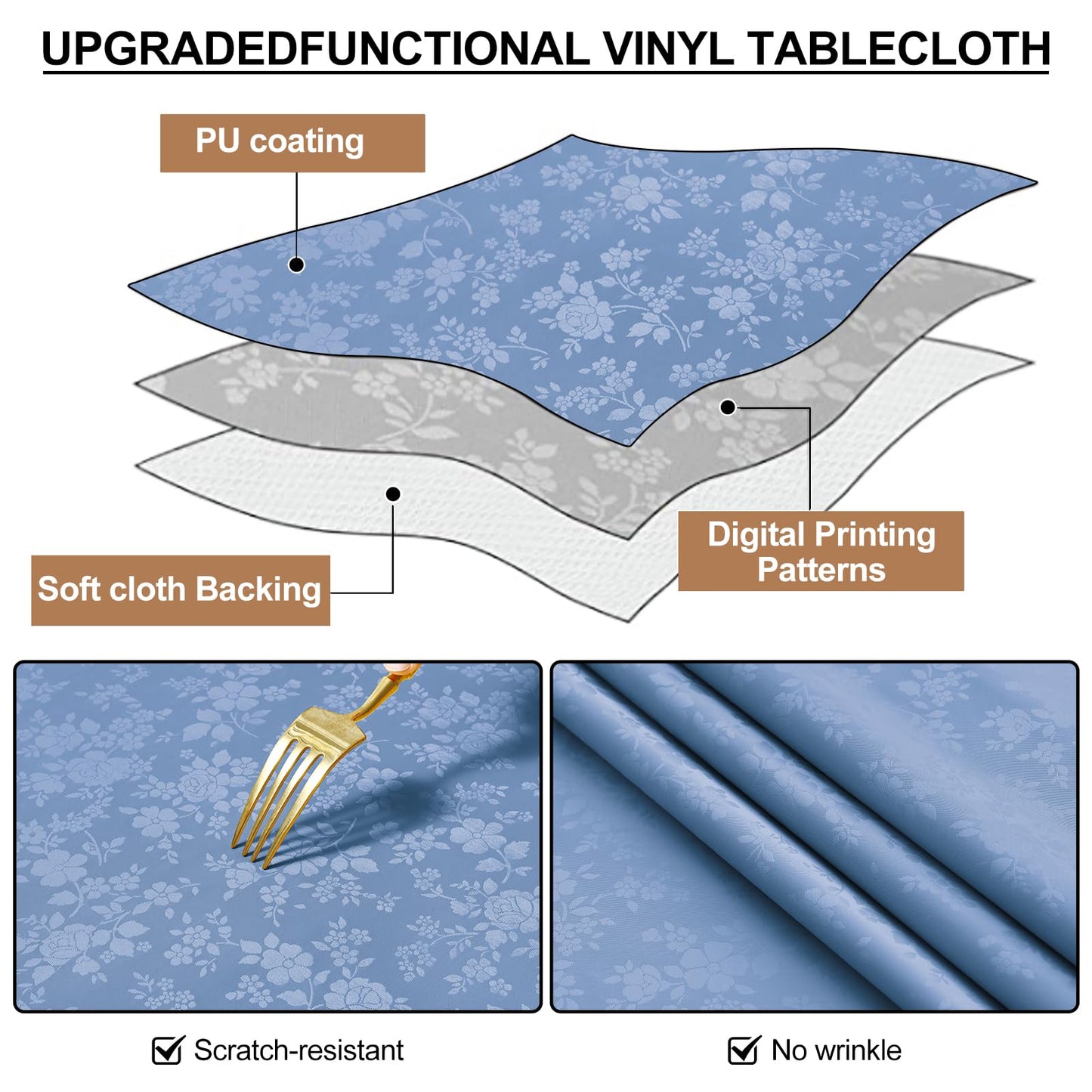 Smiry Rectangle Table Cloth, Waterproof Heavy Duty Vinyl Tablecloths, Wipeable Washable Table Cover for Kitchen and Dining Room (Haze Blue, 52" X 70")