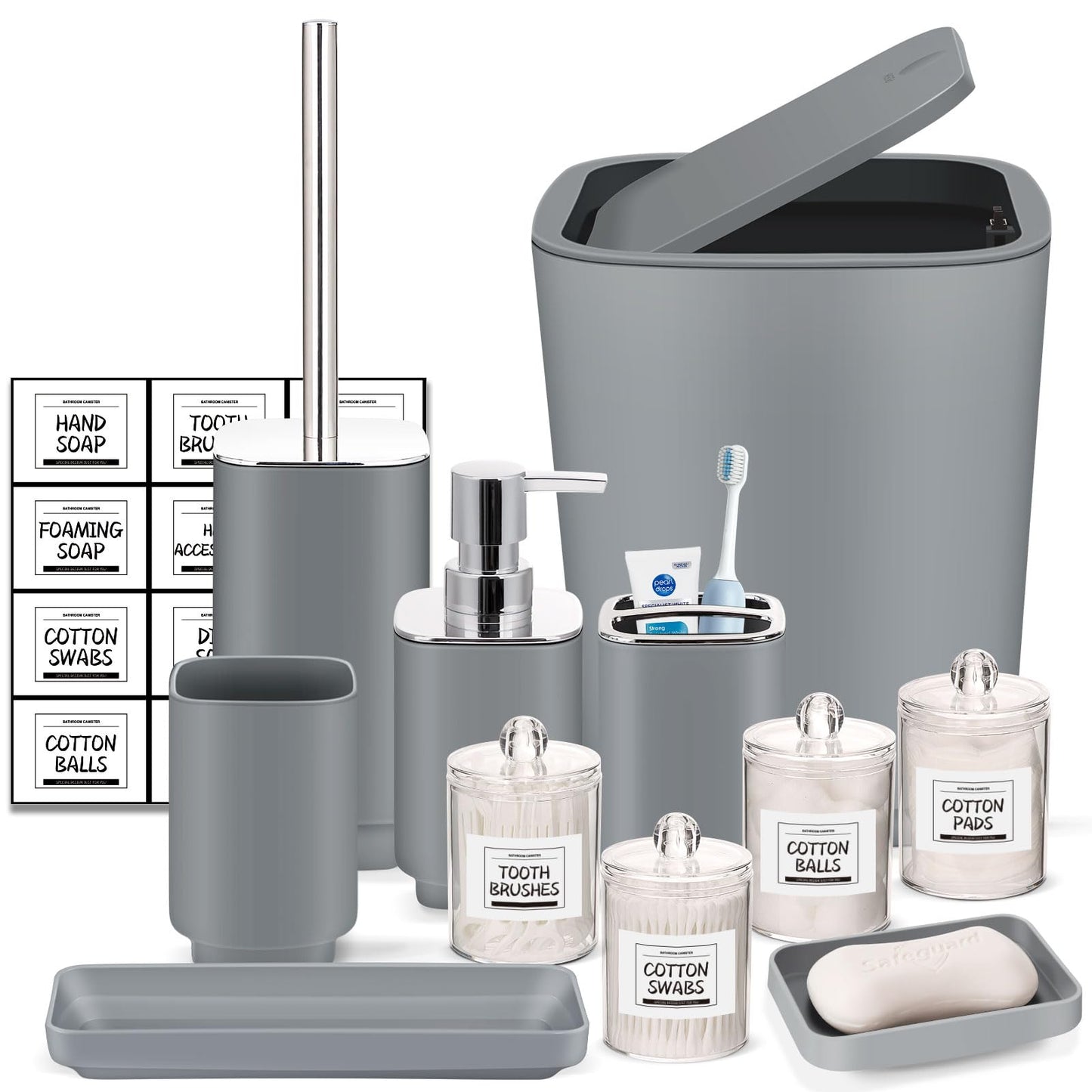 IMAVO Grey Bathroom Accessories Set,11Piece Bathroom Accessory Gift Set,Trash Can,Tray,Toothbrush Holder,Toothbrush Cup,Soap Dispenser,Soap Dish,Toilet Brush and Qtip Holders