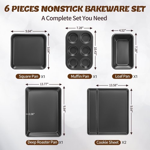 Baking Pans Set, Nonstick Bakeware Sets, Oven Pans for Cooking, AIVIKI 6 Pieces Baking Sheets Set Including Cookie Sheet, Deep Roaster Pan, Square Pan, Loaf Pan, Muffin Pan, Carbon Steel Baking Set