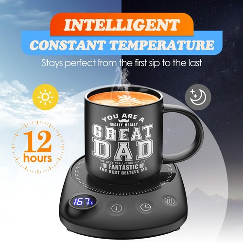 Coffee Mug Warmer Set with Smart Timer & Adjustable Temperature – Perfect Gift for Dad, Seniors, & Coffee Lovers – Auto Shutoff & Perfect Set for All Mugs