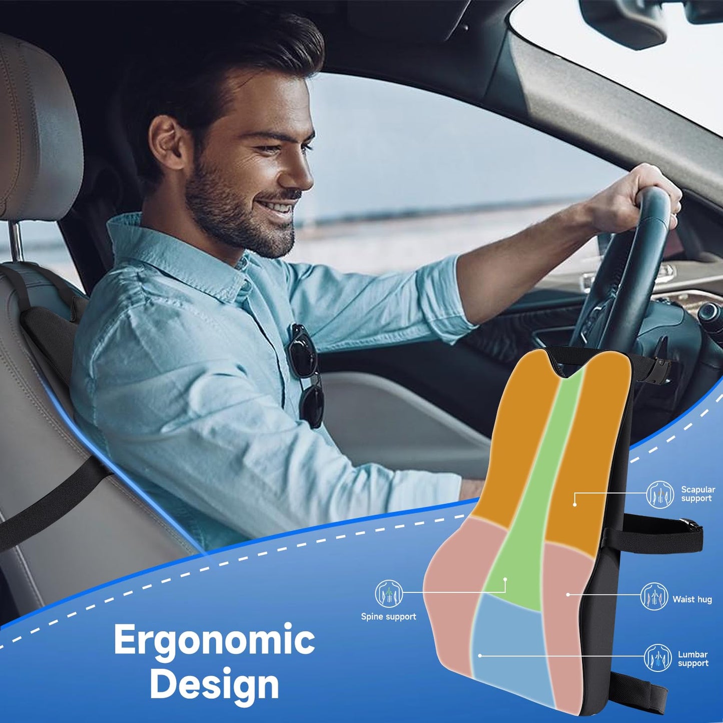 Teemour Lumbar Support Pillow for Car Seat, Memory Foam Back Support Pillow with Adjustable Straps, Medium Soft Car Back Cushion for Driving, Truck, SUV, Office Chair, Black