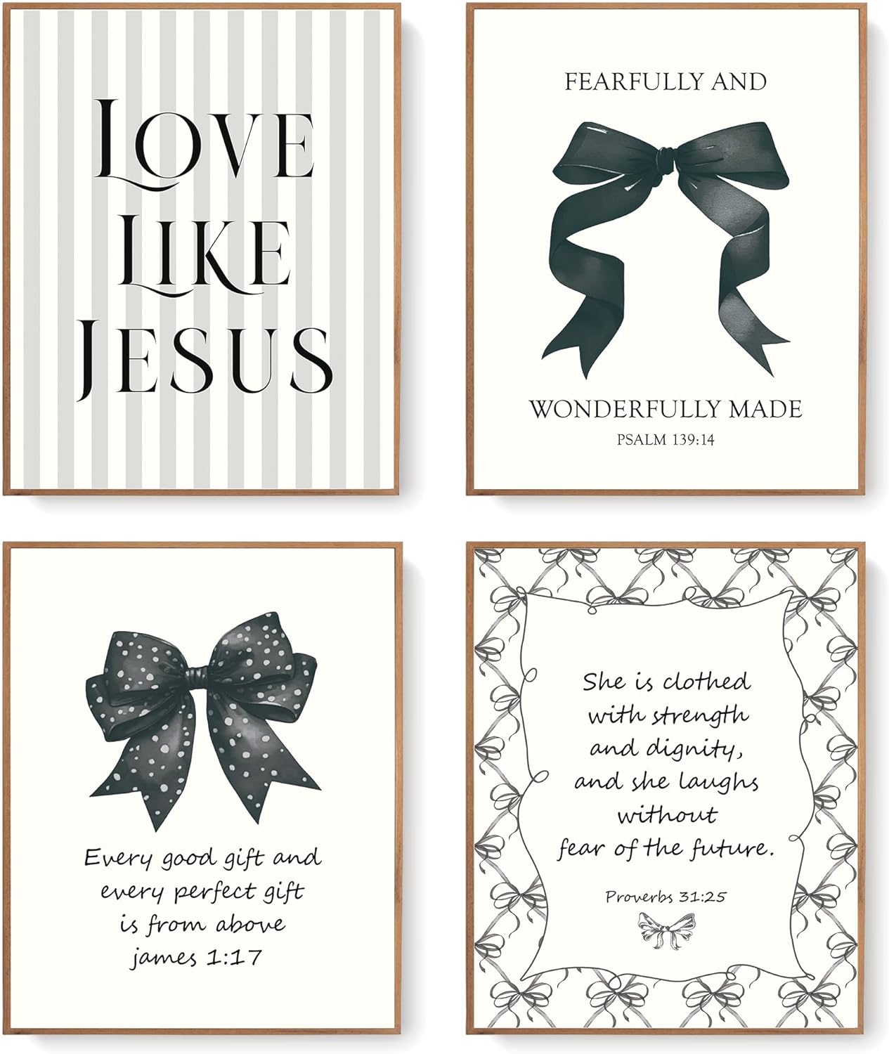 LARTSFRO Coquette Black Bow Wall Art Decor - Inspirational Bible Verses | Set of 4 Unframed 10x8 Inch Pictures