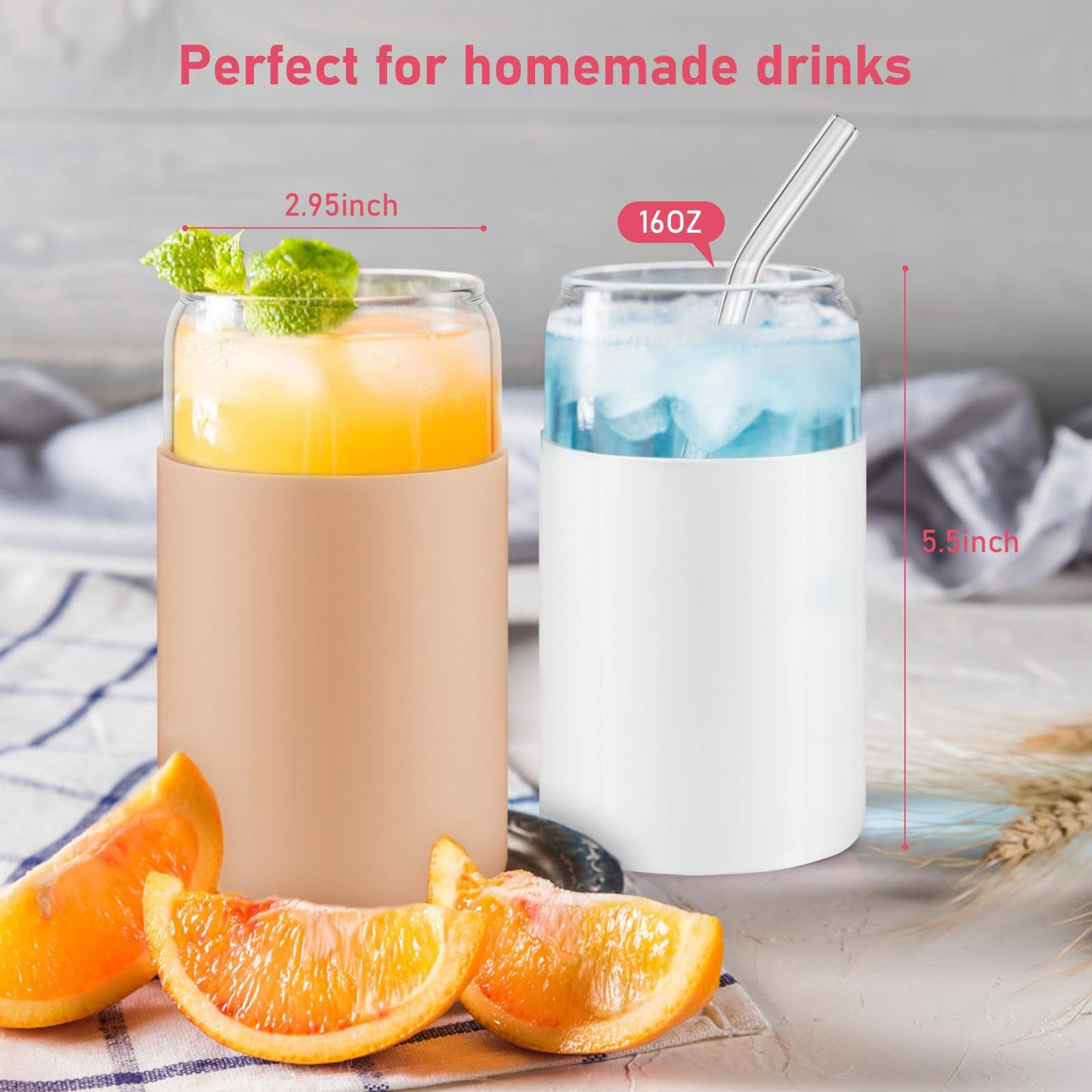 sungwoo Glass Cups with Lids and Straws, 4 Pack 16OZ Iced Coffee Cups with Silicone Sleeve, Glass Tumbler with Straw and Bamboo Lid, Home Essential Drinking Set for Juice, Cocktail and Latte 4 Colours
