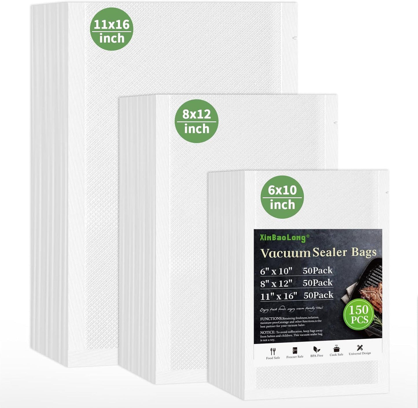 Vacuum Sealer Bags - Commercial Grade BPA-Free Food Storage | 150 Quart, 11"x16", 8"x12", 6"x10" Sizes
