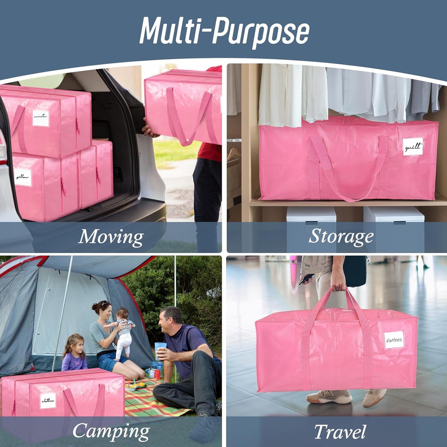 Skiennix 6 Pack Extra Heavy Duty Moving Bags - Strong Zipper & Comfortable Handles | Durable Pink Storage Totes