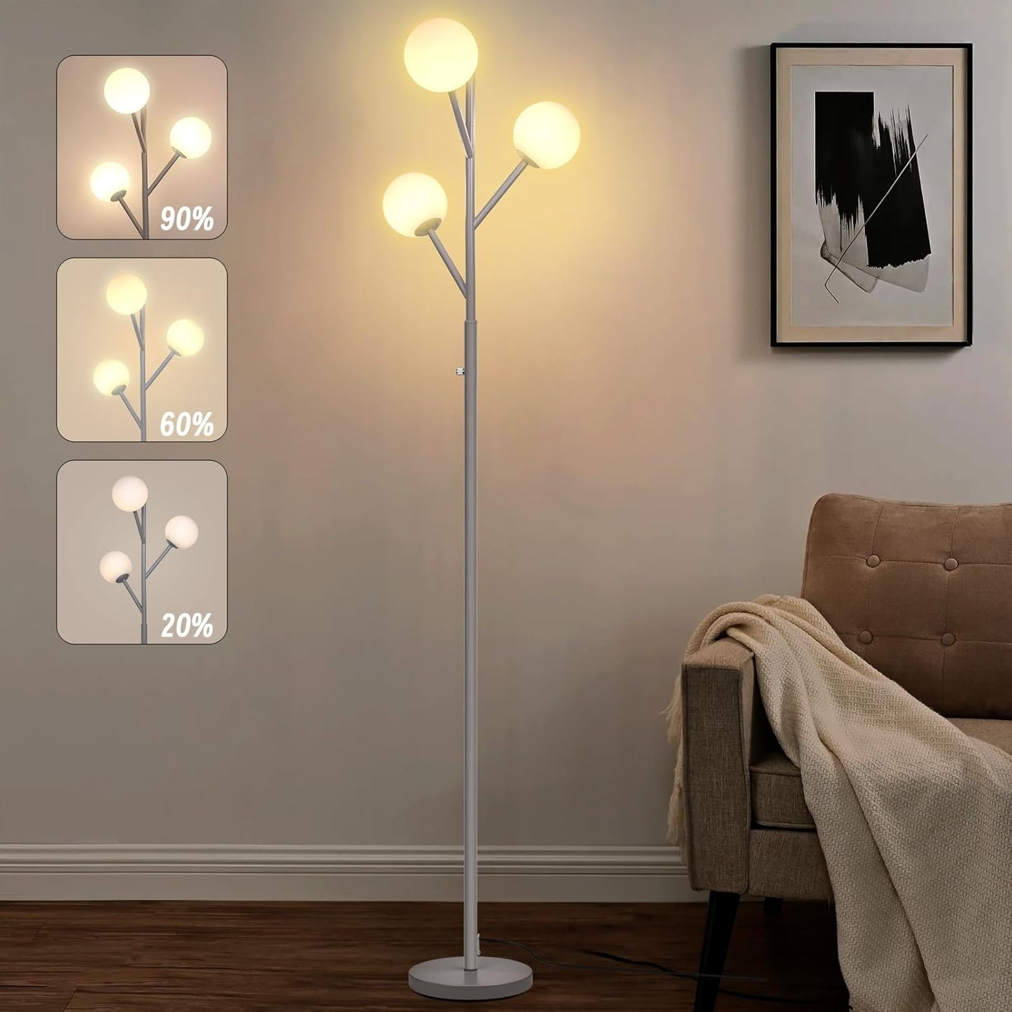 Globe Mid Century Tree Floor Lamp with 3 Light Bulbs,70in Tall Standing Glod Floor Lamp with Frosted Glass Shade for Living Room,Office,Bedroom, Study Room, Hotel, Antique Brass Lighting