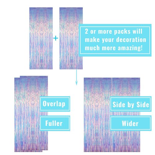 GOER 3.2 ft x 6.5 ft Metallic Tinsel Foil Fringe Curtains Party Photo Backdrop Party Streamers for Mermaid Birthday Party Decorations(2 Packs,Iridescent)