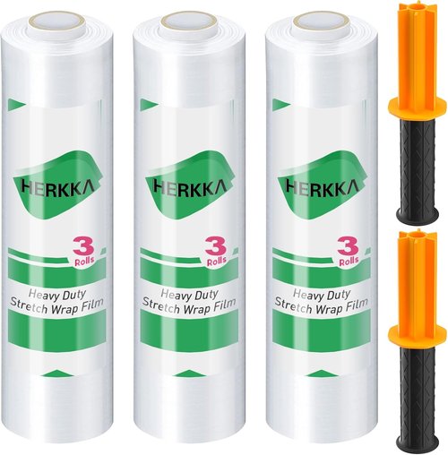 HERKKA Stretch Film - Industrial Strength Moving Wrap with Handles - 15" x 1000 Feet, 3 Pack, 60 Gauge