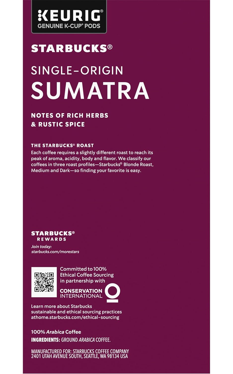 Starbucks K-Cup Pods - Sumatra Dark Roast Single-Origin Coffee - 32 Count (Pack of 4)