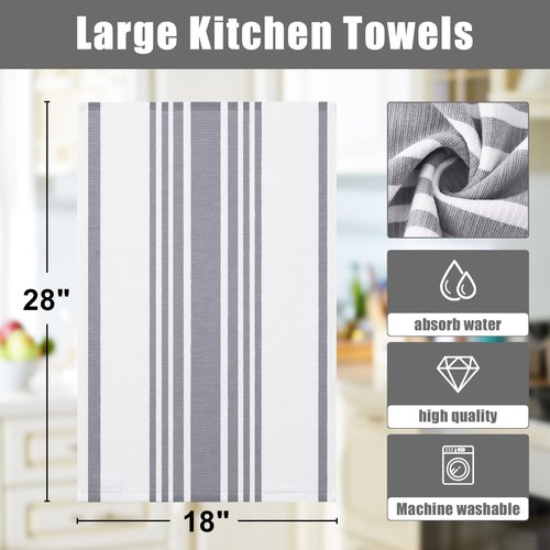 Homaxy Premium Kitchen Towels 18”x 28”, Large Cotton 380 GSM Kitchen Hand Towels, Stripe and Terry Dish Towel, Highly Absorbent Tea Towel Set with Hanging Loop, 6 Pack, Grey