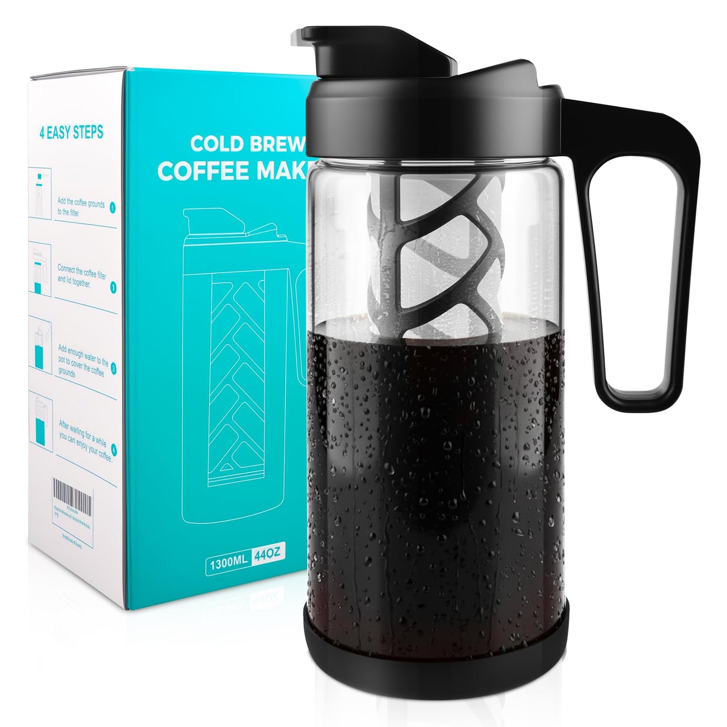 wedrink 44oz Cold Brew Coffee Maker, 1.3L Borosilicate Glass Cold Brew Pitcher with Comfortable Handle, Removable Filter & Anti-Slip Silicone Bottom