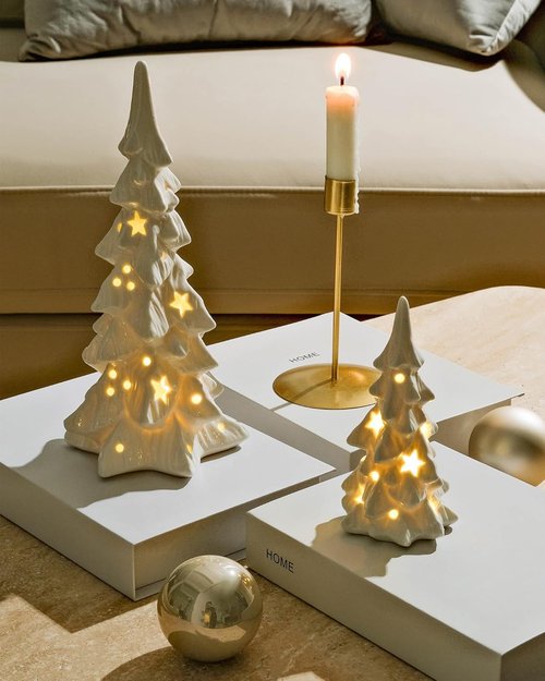 DN DECONATION White Ceramic Christmas Trees - 2Pcs Prelit Tabletop Decor with Stars & Dots Cutouts