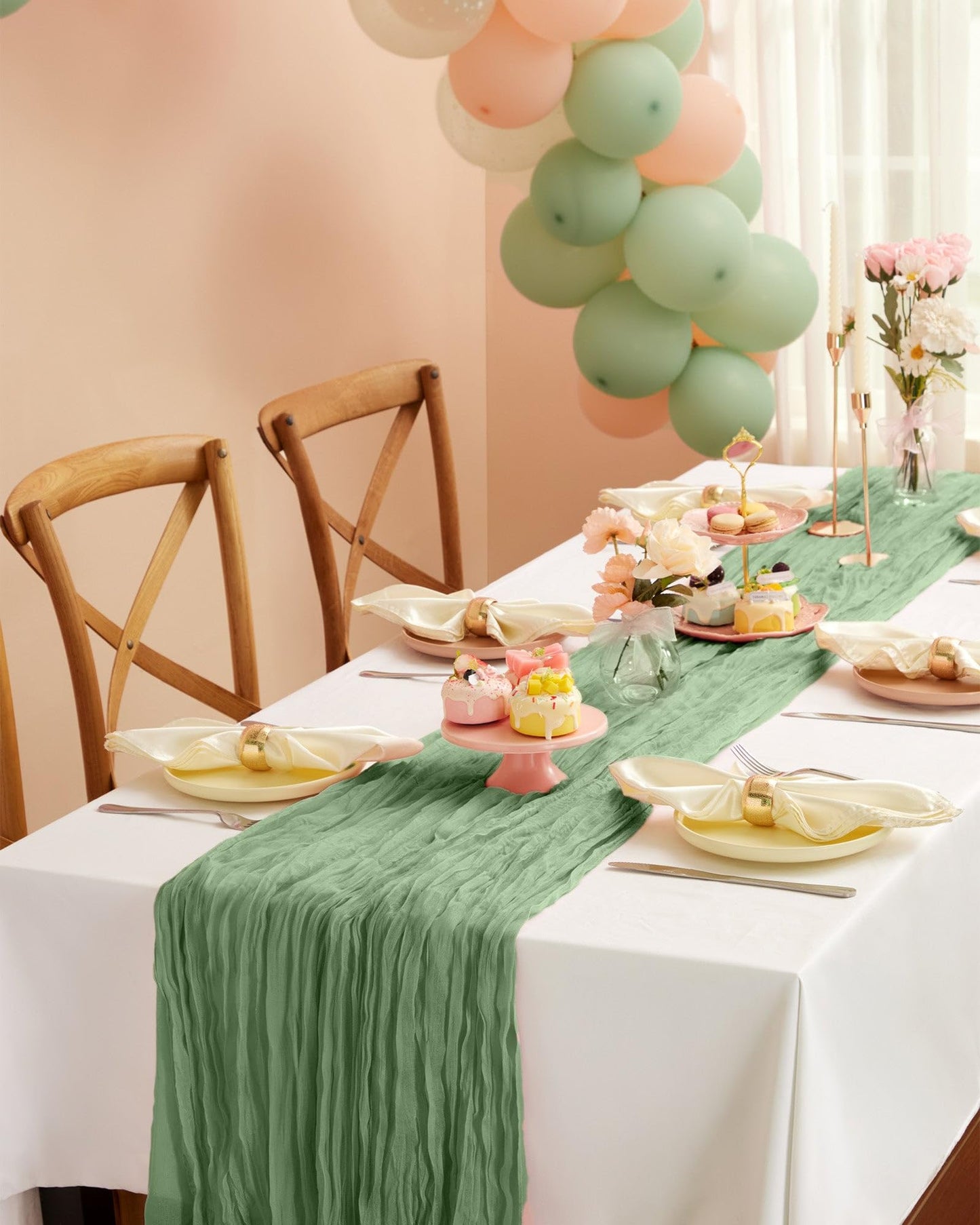 Pureegg 2-Pack Cheesecloth Table Runner, 120'' Easter Spring Boho Gauze Table Runner Decorations for Party, Baby Shower, Wedding and Farmhouse, Fabric Room Decor, Sage Green